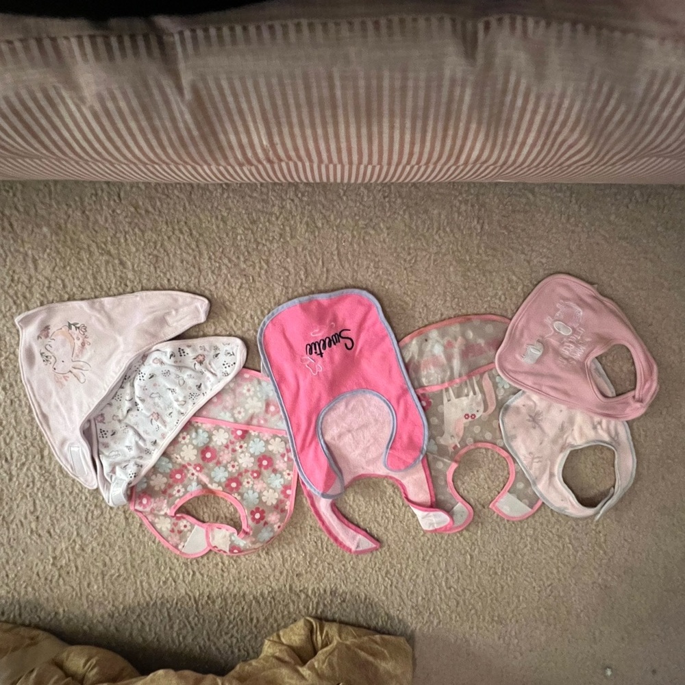 8 Baby Girl Pink Bibs Rounded Pocket Triangle